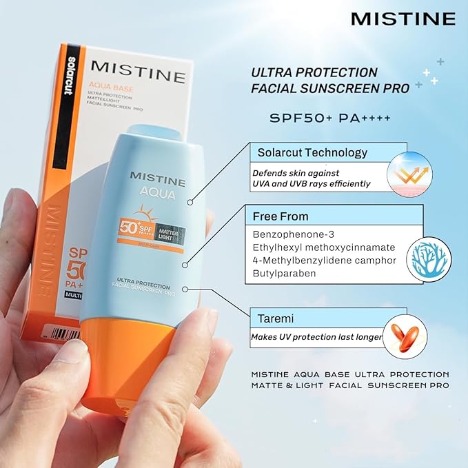 MISTINE Aqua Base Ultra Protection Matte & Light Facial Sunscreen Pro SPF50 PA ++++ - TokTok Beauty